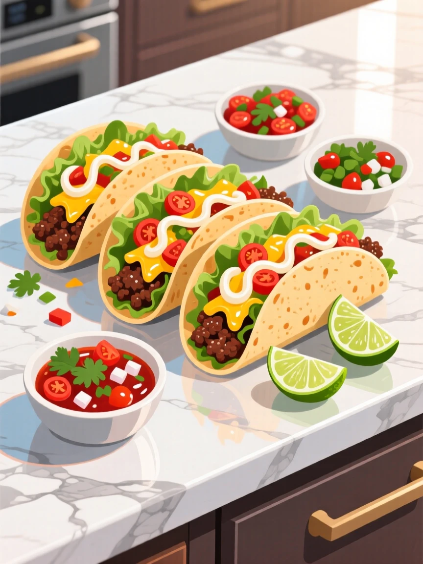 A colorful taco spread with fresh salsa and lime wedges, placed atop a marble kitchen counter, framed closely to emphasize glossy, fresh textures, with a joyful, celebratory feel.