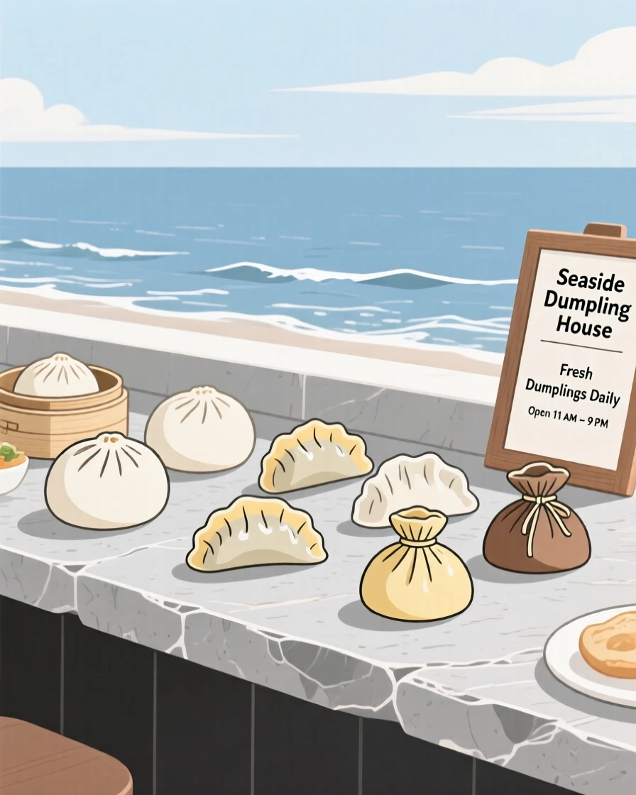 An assortment of dumplings beautifully displayed on a stone counter at a seaside restaurant.