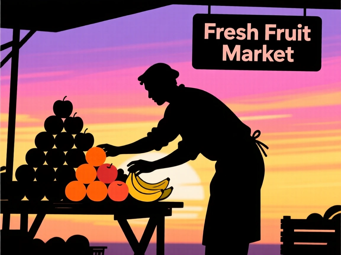A market vendor arranging a colorful display of fresh fruit at dawn.