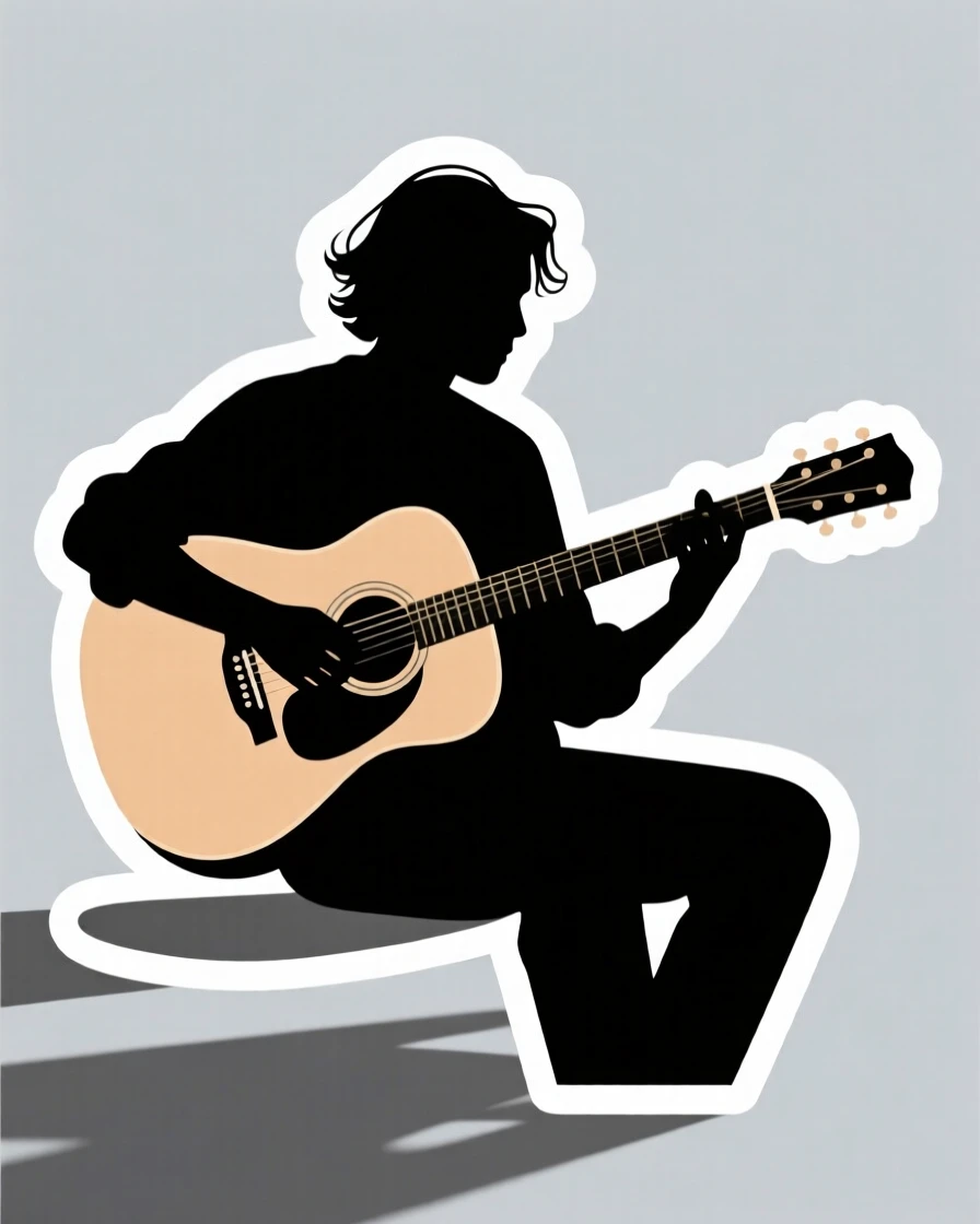 A quietly passionate musician playing an acoustic guitar, taking a short pause to admire their progress, on a quiet weekend afternoon.