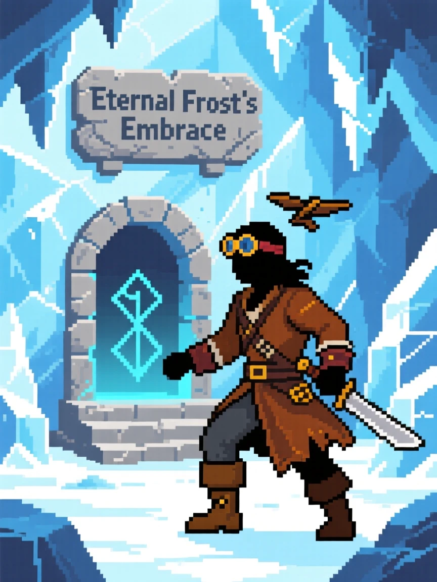 A sky pirate discovering a hidden shrine deep underground, within a frozen ice cave dungeon.