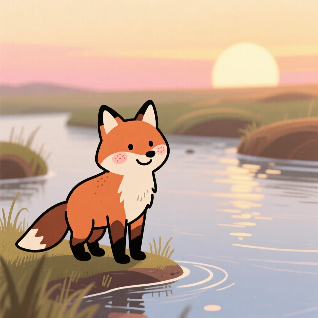A fox stands at the edge of a quiet riverbank, grazing peacefully as the rising sun paints the sky in warm colors.