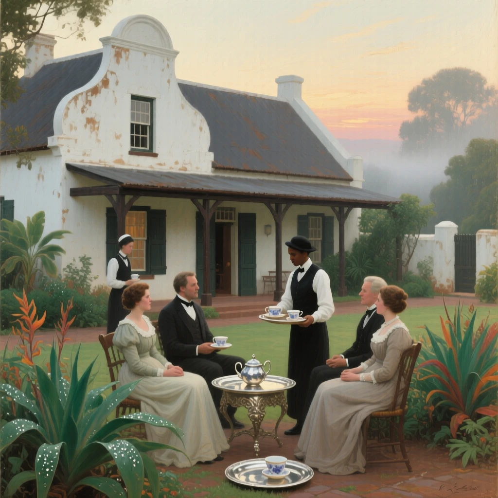 A centered composition of a tea house where guests are served from ornate silver trays, in a Cape Dutch farmstead in South Africa, at the start of a humid summer.
