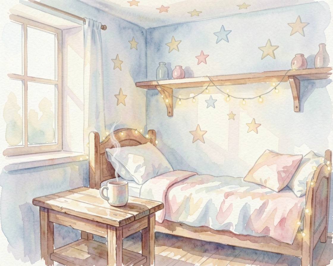 A child's bedroom decorated with stars and fairy lights with a steaming mug on a side table.