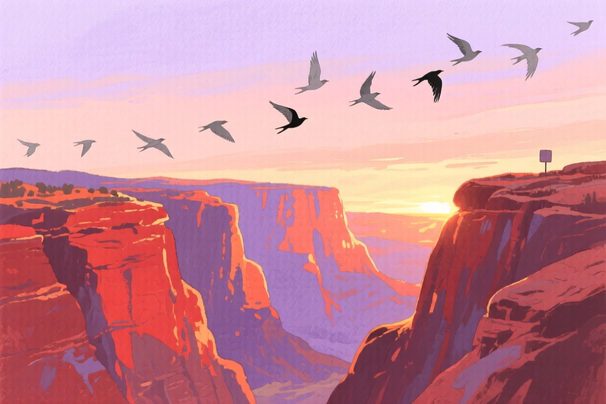 A breathtaking view of a canyon of red rock in the soft glow of dusk, where a flock of birds crosses the sky