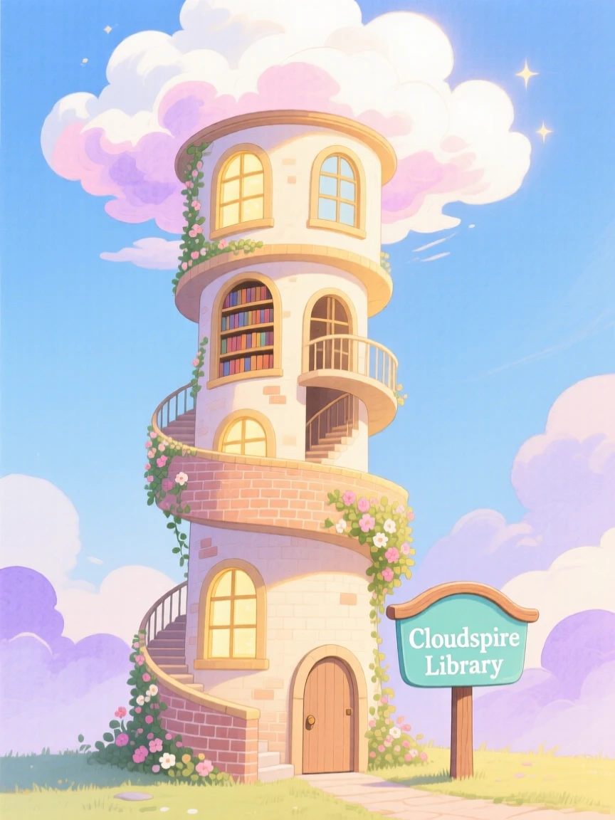 A tower library that spirals into the clouds, bathed in soft magical light.