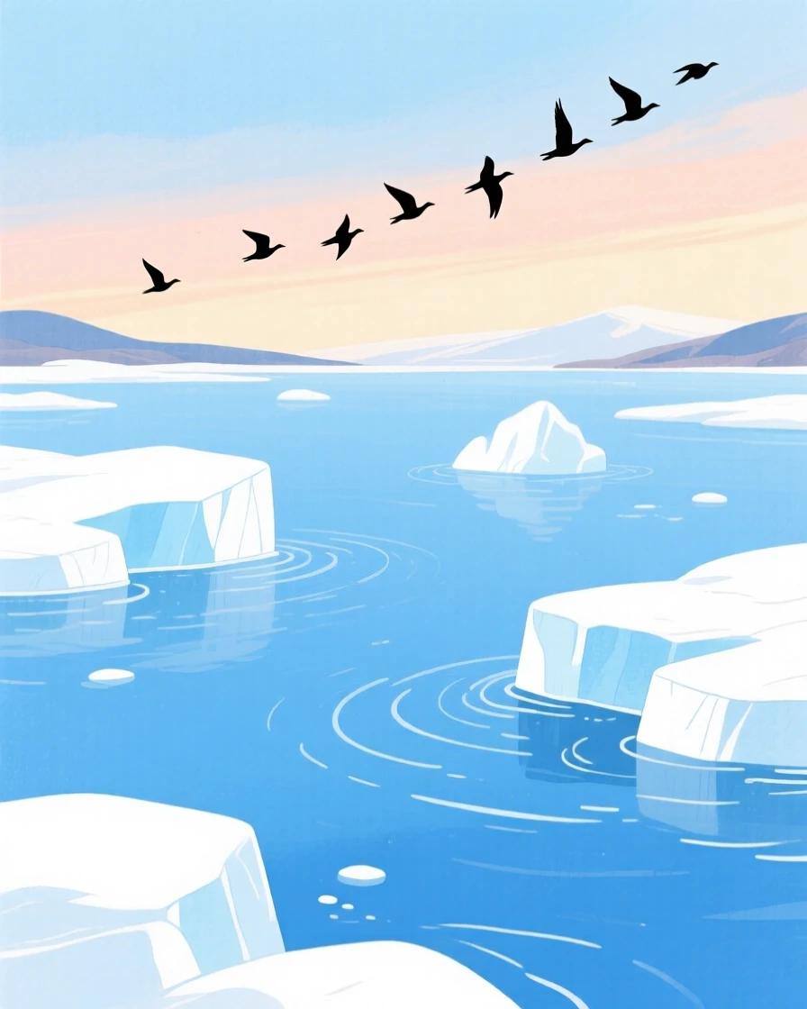 A glacier lake with icebergs floating in blue water, with a flock of birds silhouetted against the sky, evoking peaceful serenity and awe.