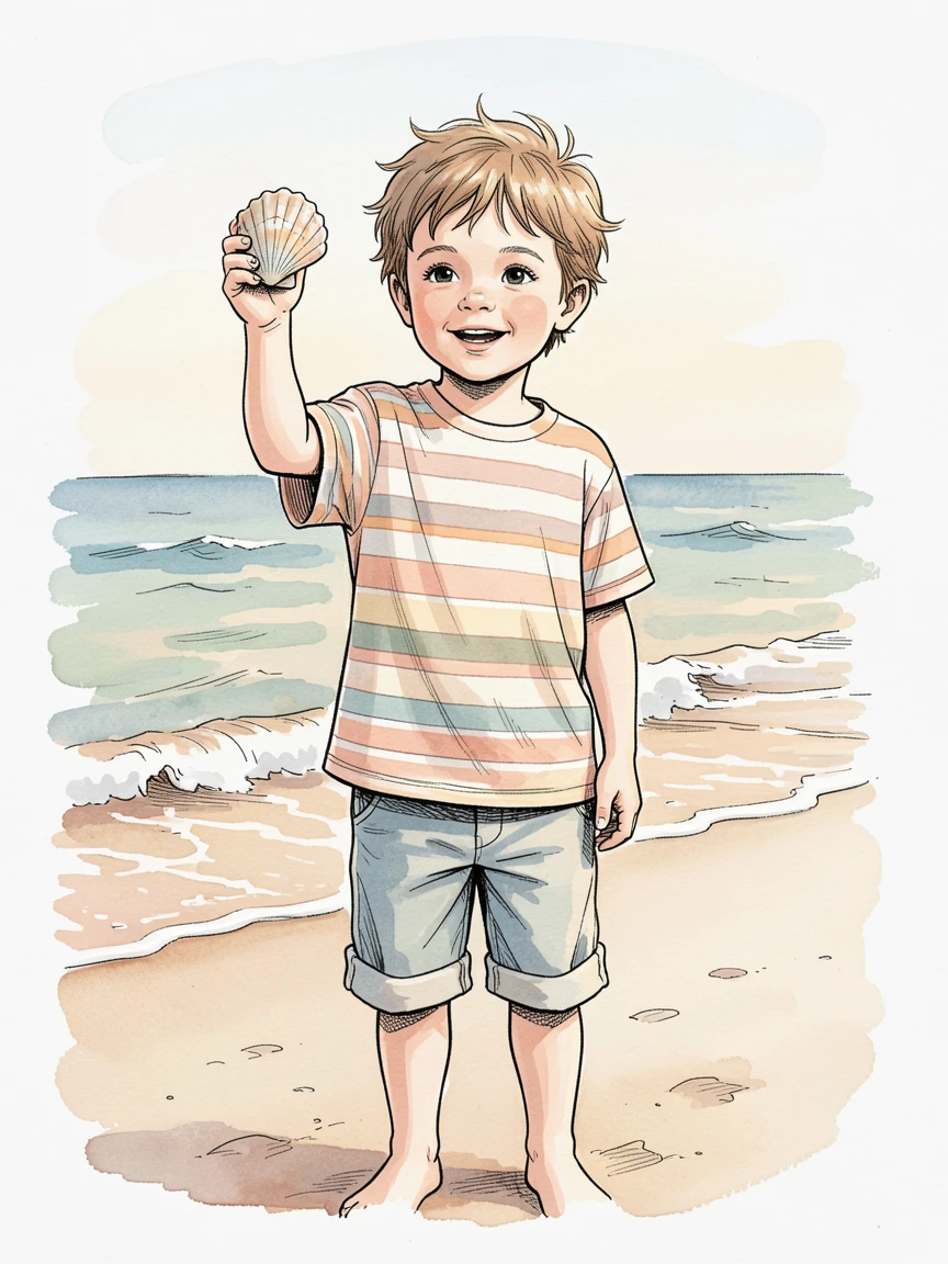 A little boy proudly showing off a seashell he found on the beach, a warm and unhurried mood settling over the moment.