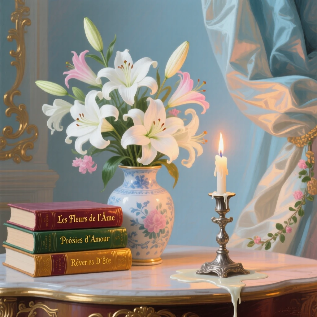 A vase of lilies beside a stack of books and a candle burning low  