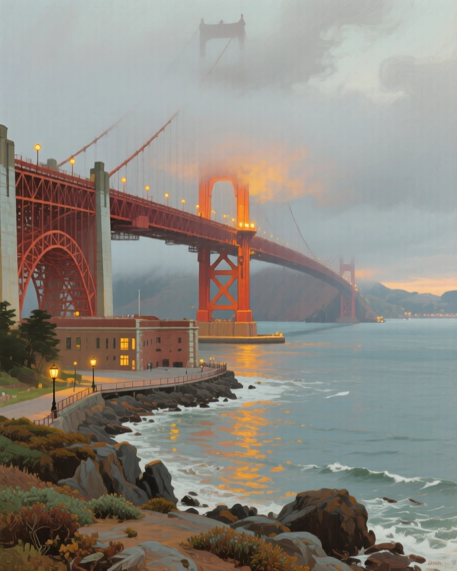 The Golden Gate Bridge emerging from a thick blanket of coastal fog, with warm lantern or window light glowing throughout the scene, evoking a strong sense of place, history, and atmosphere