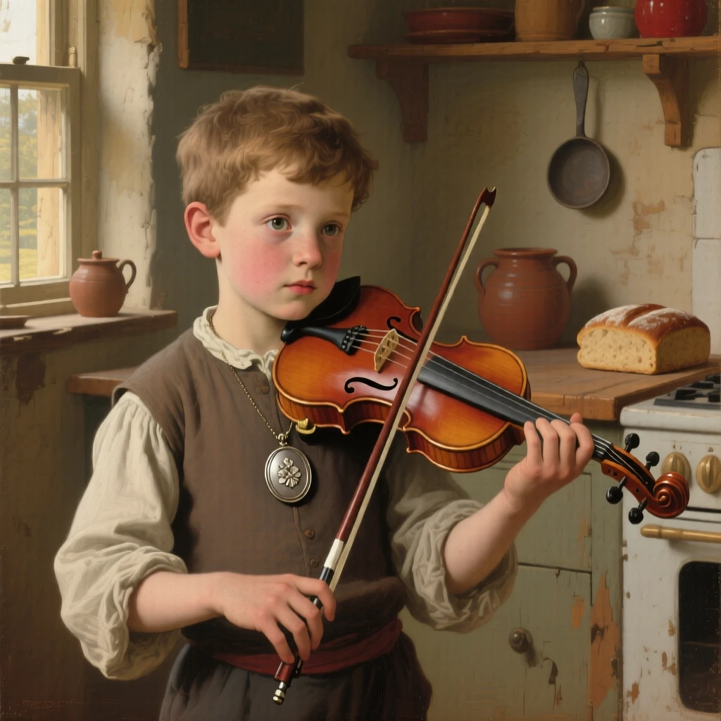 A young boy proudly holding his first violin pausing as if interrupted by an unseen presence, set in a modest cottage kitchen filled with the smell of bread, with a cherished heirloom locket resting against her collarbone; a tight three-quarter portrait draws focus entirely to the expression, evoking tenderness, memory, and unspoken emotion.