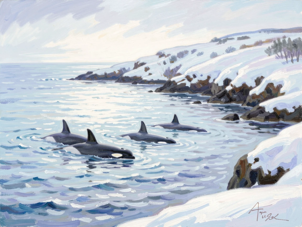 A pod of orcas swimming gracefully through icy blue waters near a rugged coastline, under a fresh blanket of snow, capturing a moment of quiet intimacy.
