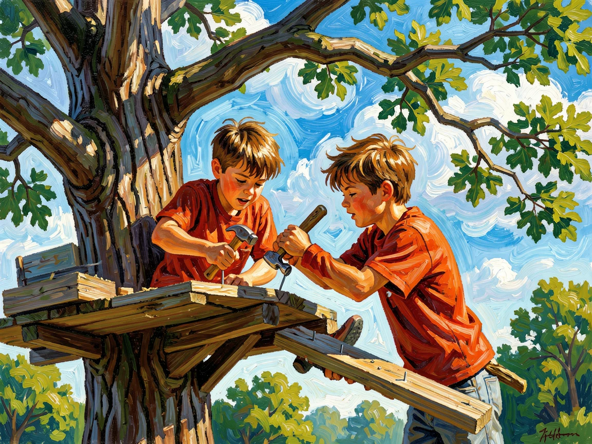 Two brothers building a treehouse together, hammering nails under a clear summer sky.
