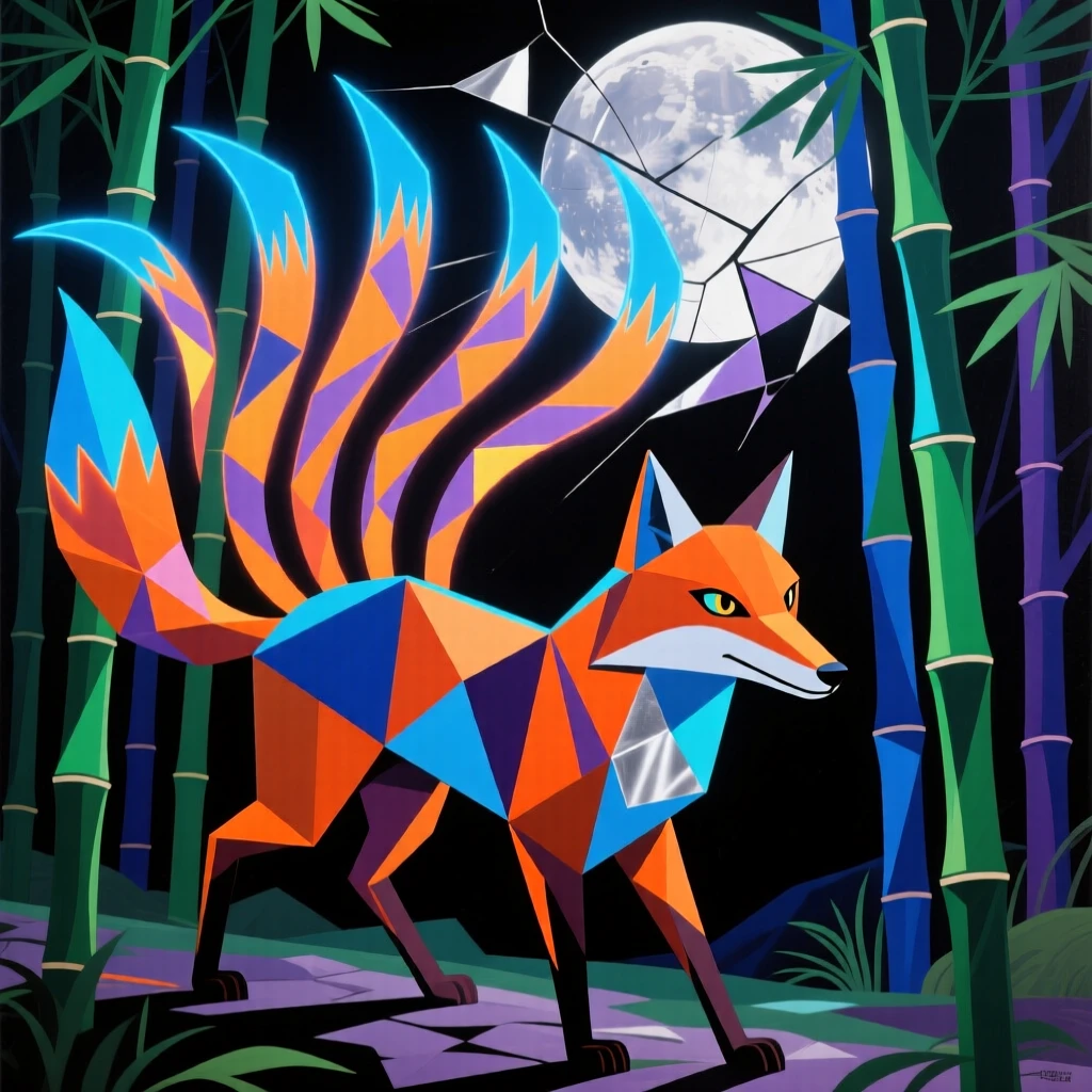 A fox spirit with nine glowing tails wandering a moonlit bamboo forest.