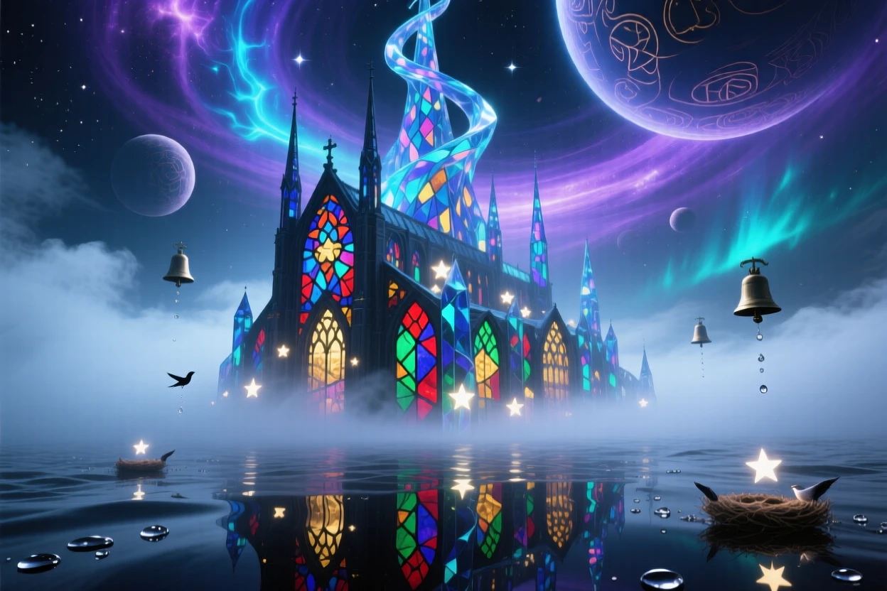 A cathedral built entirely of stained glass rises from a sea of drifting fog, and stars seem to nest between its stones.