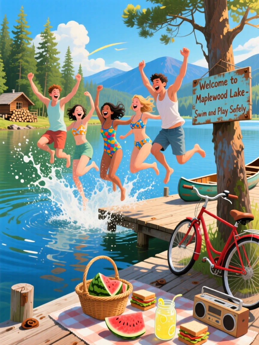 A group of friends jumps together off a dock into a lake on a hot summer day, water splashing dramatically around them, their surroundings offering subtle clues about culture, place, and the moment being lived.