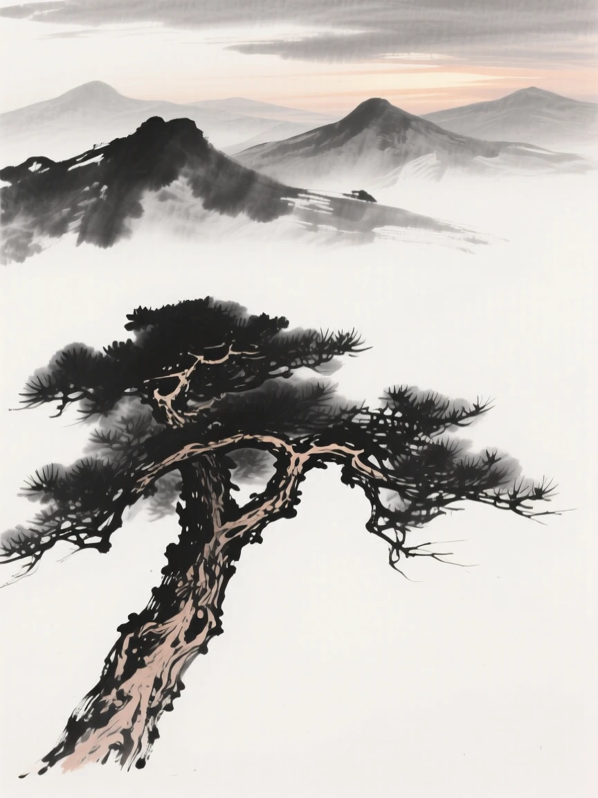 A weathered pine tree frames a view of distant misty peaks, beneath a sky brushed with the last light of day.