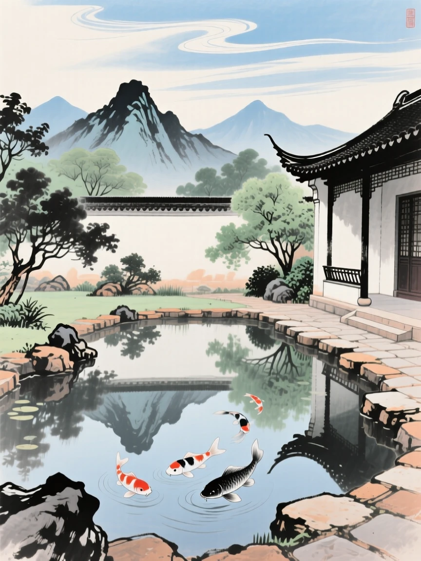 A secluded garden courtyard with a small koi pond, with the reflection of the peaks doubling the scene in still water, evoking a sense of quiet solitude, under a sky streaked with clouds.