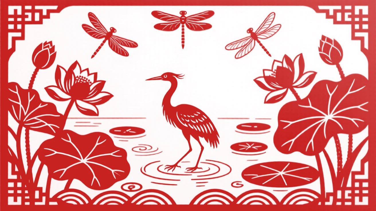 A tranquil lotus pond at first light, dragonflies hovering above the pads and a single heron wading among the blossoms