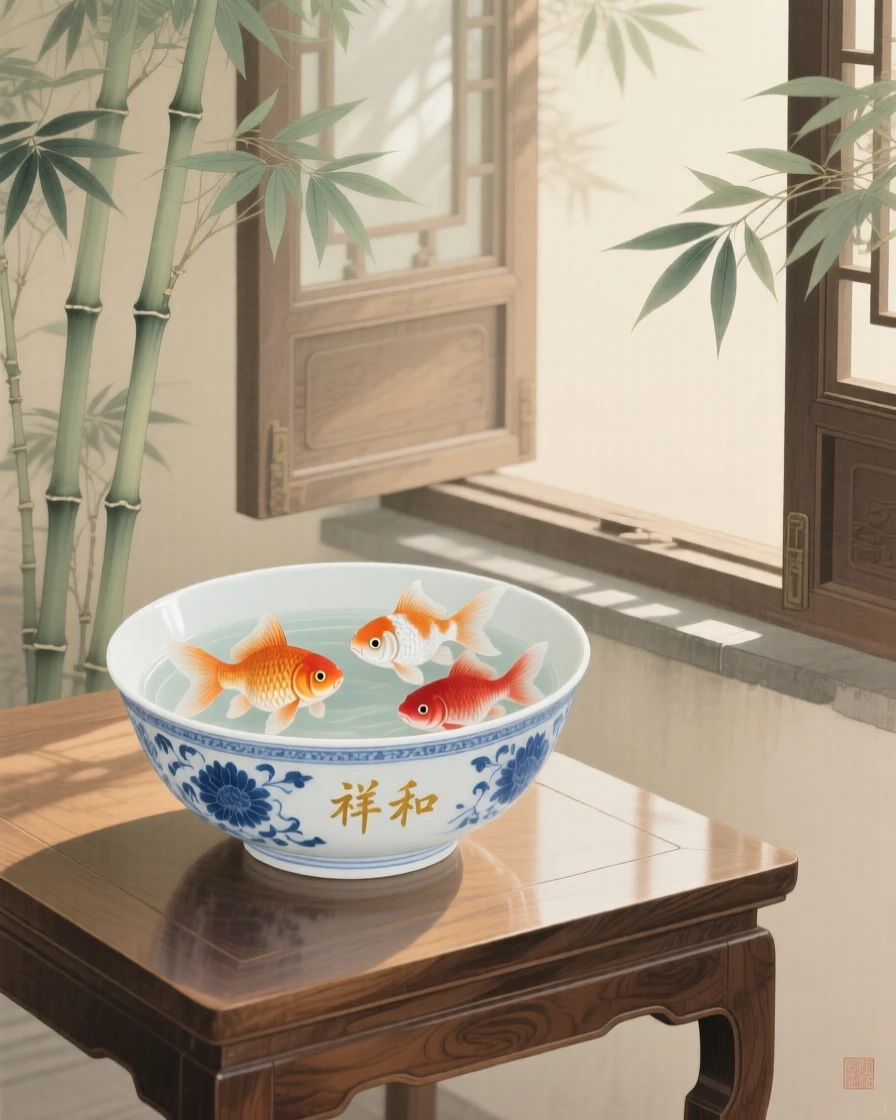 A bowl of goldfish beside an open window on a low table in a sunlit room