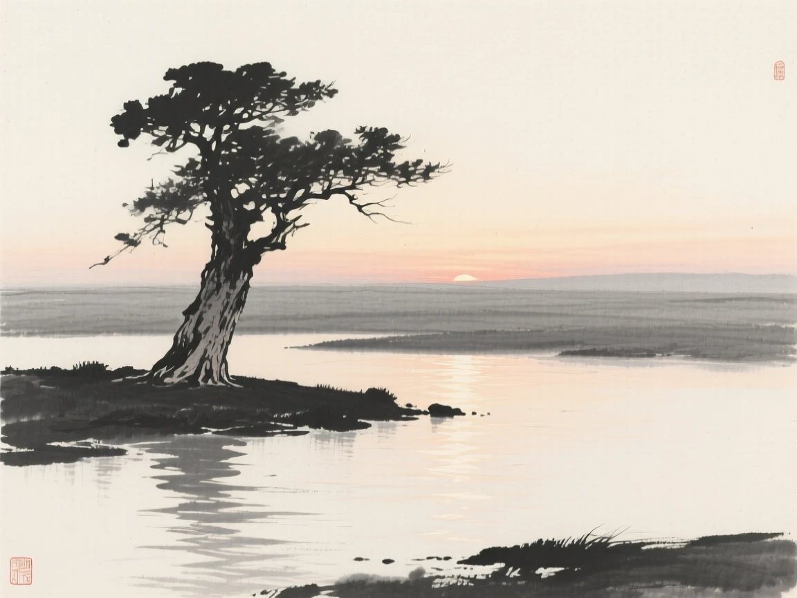 A vast open plain with a single ancient tree standing alone with the last light of dusk catching the water's surface, seen from across the water, the far shore reduced to soft silhouette, conveying calm reflection and gentle isolation.