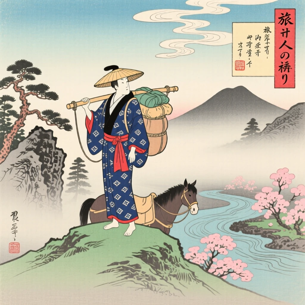 A traveling merchant standing proudly atop a misty hill.