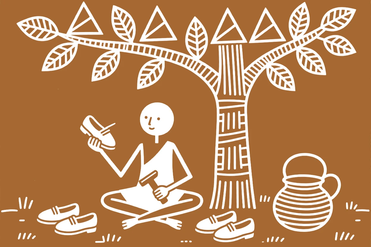 A cobbler resting briefly under a tree during a break.