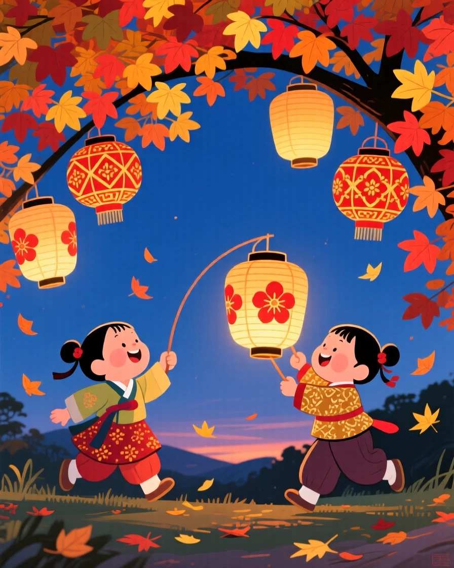 Children playing with paper lanterns at dusk, beneath a canopy of autumn leaves.