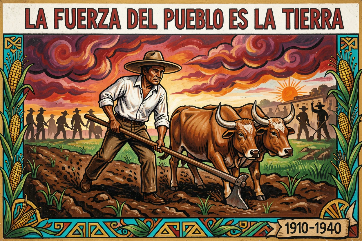A farmer plowing rich soil beneath a dramatic sky