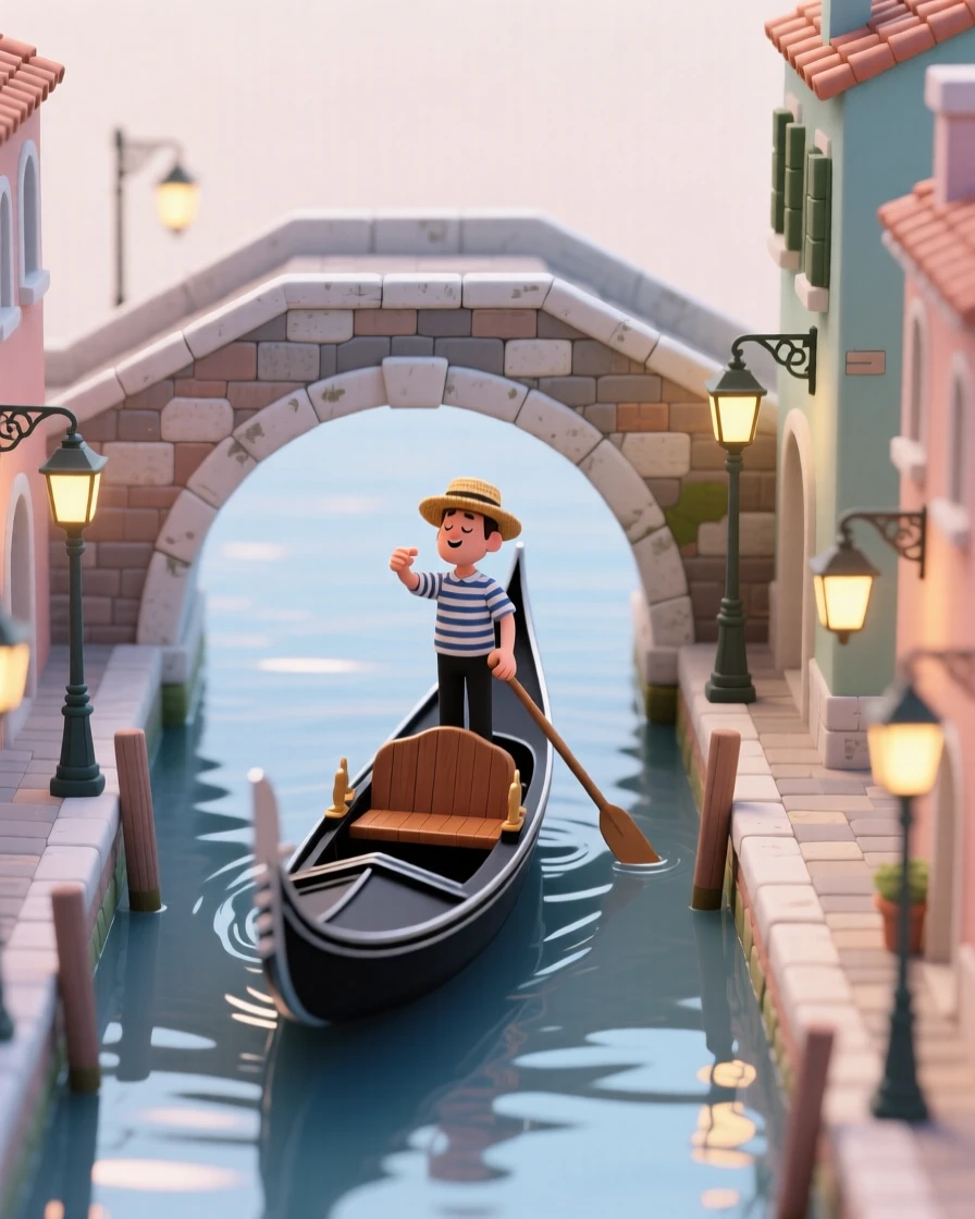 A gondola gliding beneath an arched stone bridge in a quiet canal city, the gondolier singing softly as lanterns glow along the water.