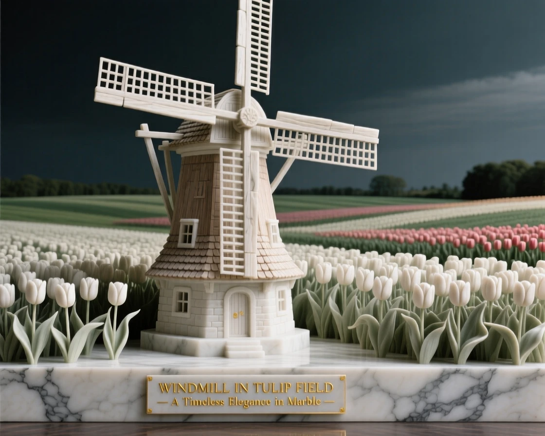 A striking, atmospheric depiction of a windmill standing in a field of tulips, showcasing timeless elegance and grandeur