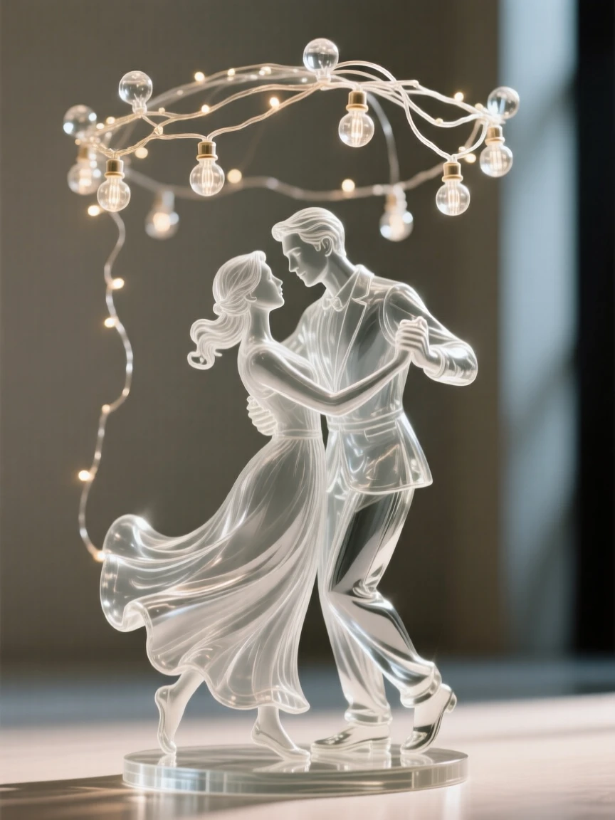 A couple dancing under string lights set against a simple blurred background, dramatic side lighting carving out the features, mood tender and heartfelt.