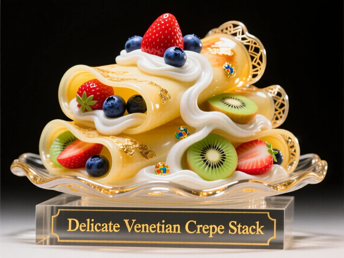 A stack of crepes filled with fresh fruit and cream, delicate and inviting.