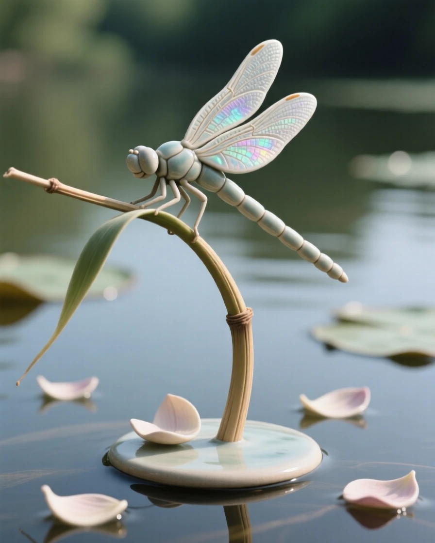 A dragonfly balanced on a slender reed caught gliding low over calm water, surrounded by a scatter of drifting petals, conveying effortless elegance in motion.