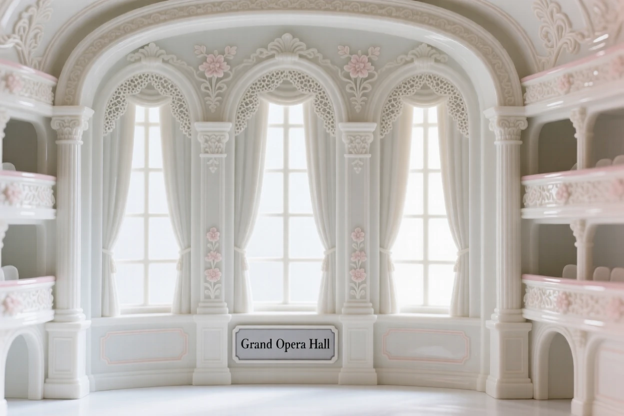 The ornate interior of an ornate opera house, tall arched windows filling the space with light.