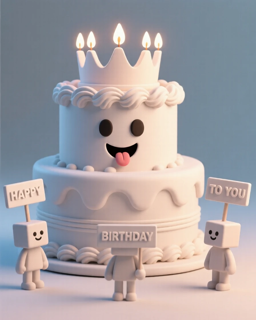 A charming birthday cake character with candle crown and frosting swirls giggles as everyone sings happy birthday.