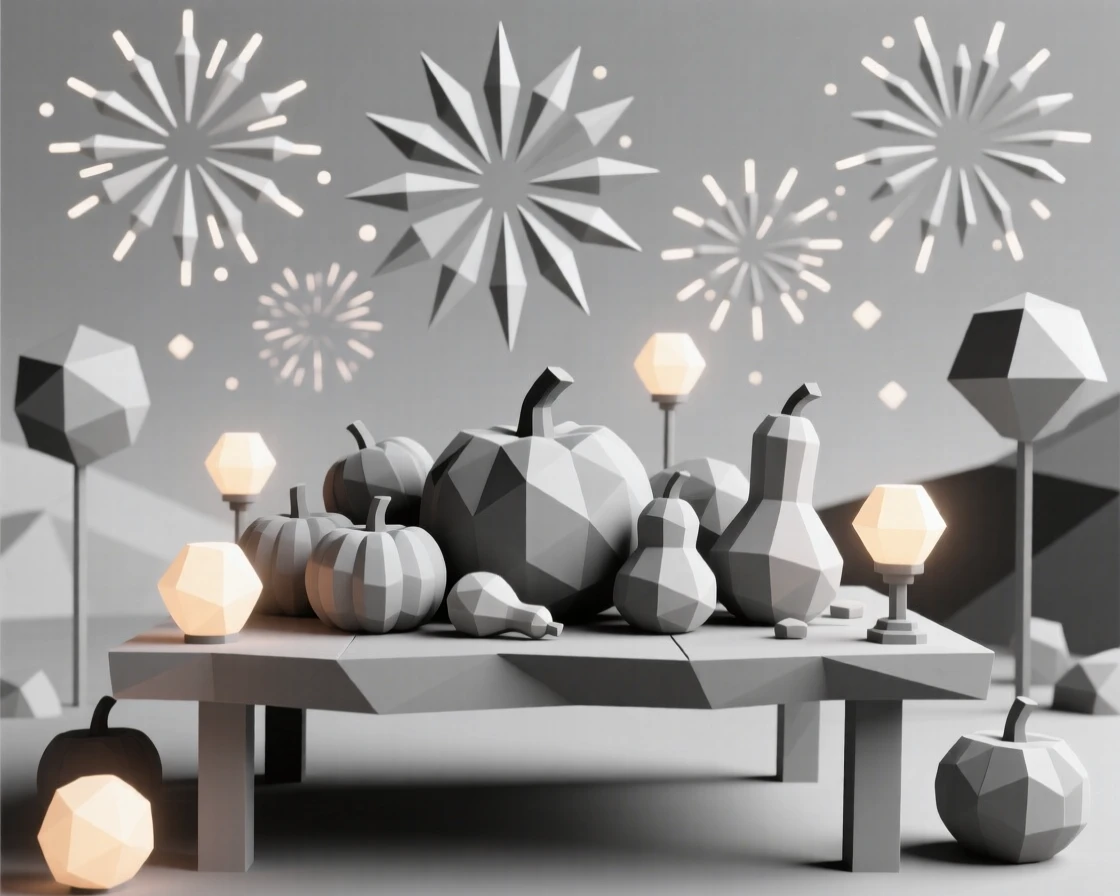 A harvest festival table piled with pumpkins and gourds, beneath a sky full of fireworks. warm glowing lights create a festive ambiance. There is a joyful, festive energy in the air.