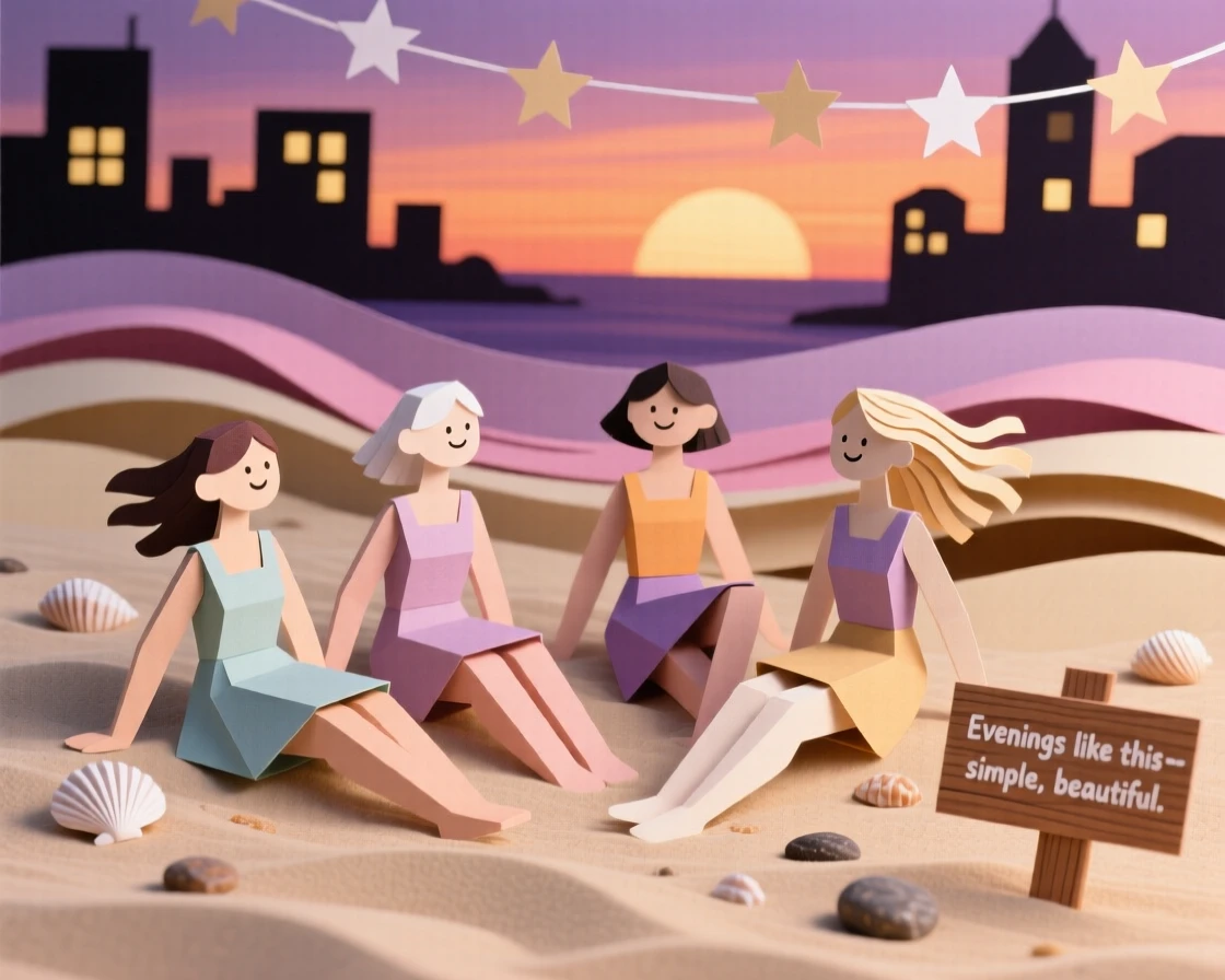 A group of dancers relaxing on a sandy beach at dusk, with distant city lights glimmering softly, capturing the simple beauty of everyday moments.