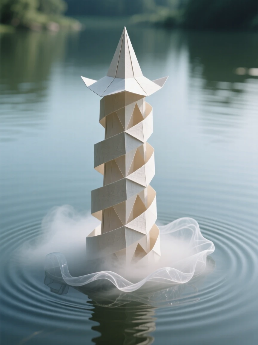 A spiral tower rising from the center of an enchanted lake, mist swirling around its base.