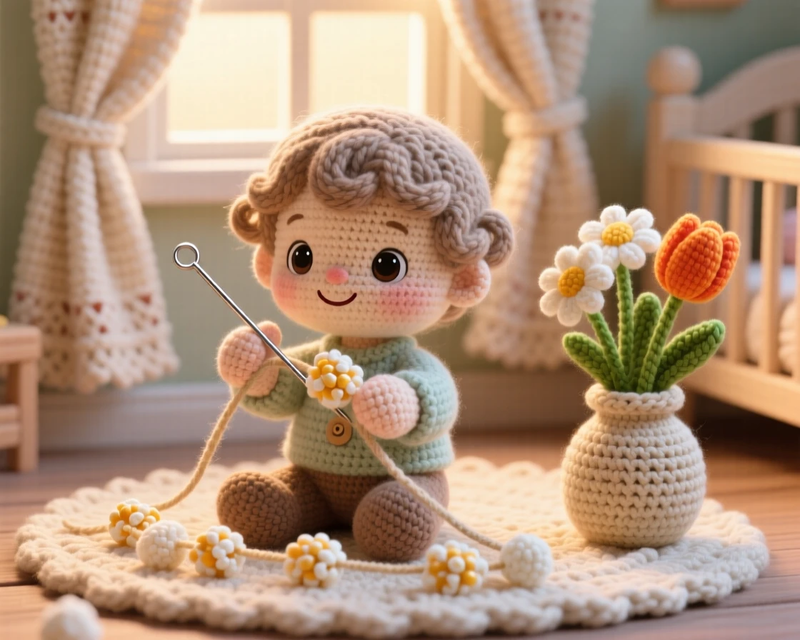 A tender everyday moment: a small child stringing popcorn for decoration with a needle and thread, threading popcorn kernels one by one inside a soft-lit nursery with gentle curtains; a small vase of fresh garden flowers completes the scene, full of gentle contentment in a small daily ritual.