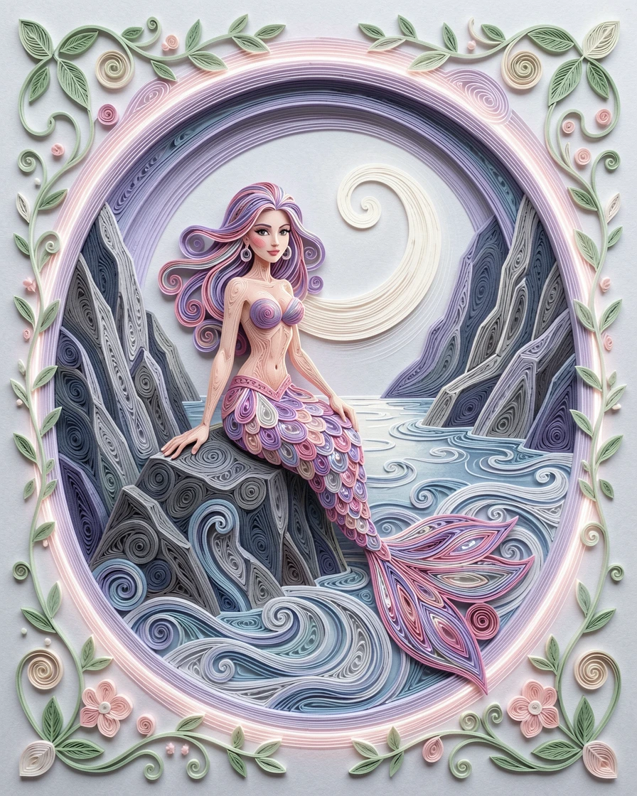 a mermaid perched on a rock beside a moonlit sea, in a hidden valley bathed in moonlight, framed with a dreamlike glowing halo of light, in dreamy pastel tones of lavender and rose.