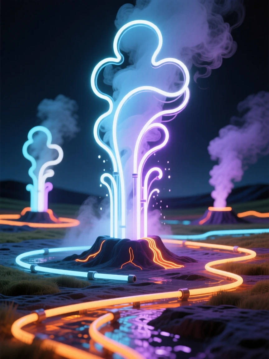 An intimate close-up study of a field of geysers erupting across a geothermal basin.