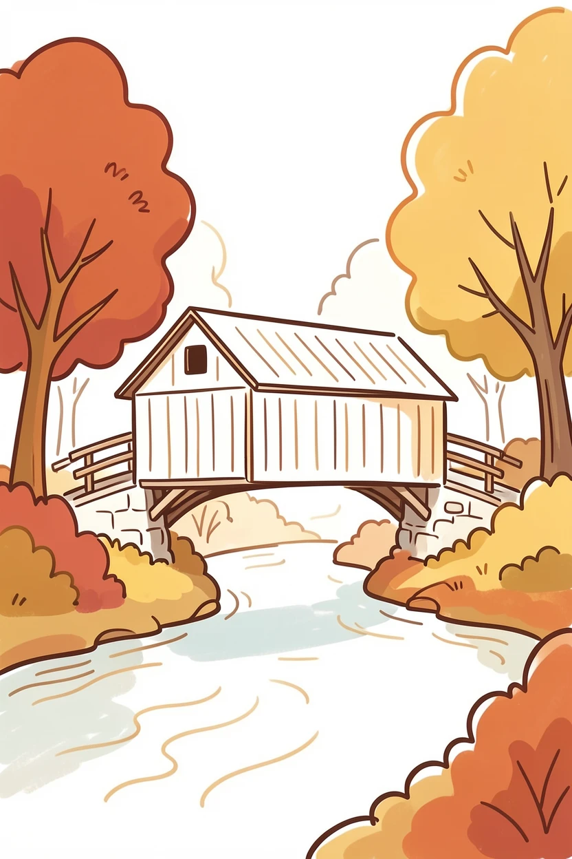 A rustic covered bridge spanning a quiet river surrounded by autumn trees.
