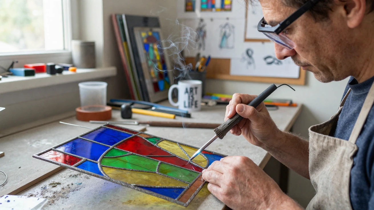 A stained glass artist soldering colorful glass pieces