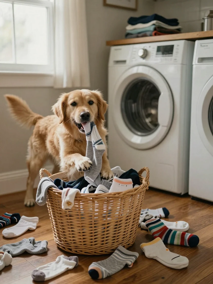 A dog 'helps' with laundry by pulling every sock out of the basket one by one.