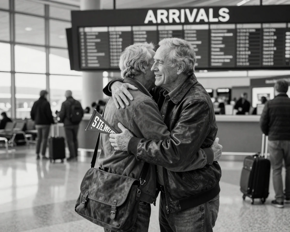 Two old college roommates reunite after years apart at an airport arrivals gate.
