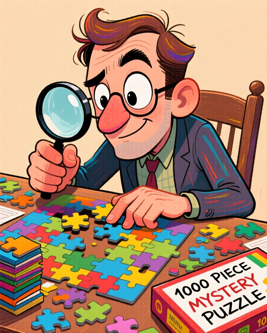 A puzzle enthusiast surrounded by a half-finished thousand-piece puzzle, magnifying glass in hand.