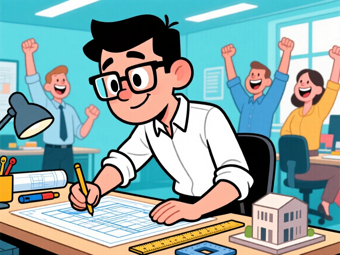 A vibrant profession-themed portrait of a meticulous architect hard at work with total focus and a hint of a smile, with coworkers cheering in the background.