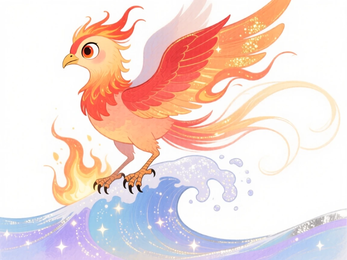 A phoenix rising from embers riding a wave of shimmering stardust