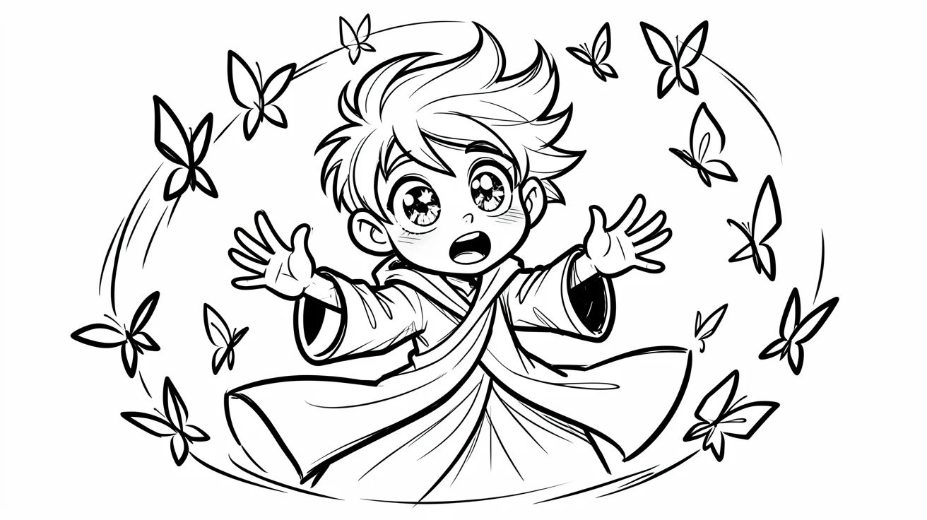 [Fantasy & Imaginative Scenarios] Imaginative fantasy scene of a young mage summoning a swirling storm of magical butterflies, brimming with wonder